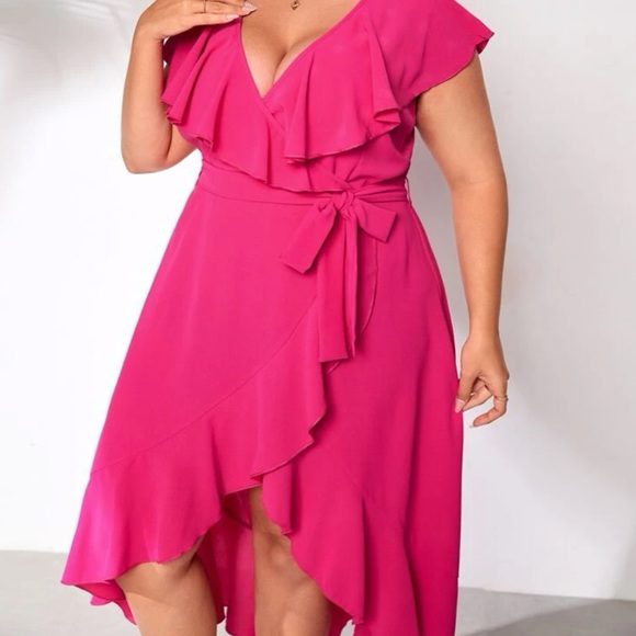 Boho Plus Size Ruffle Hem Wrap Belted Maxi Dress Blue or Pink - Picture 8 of 11